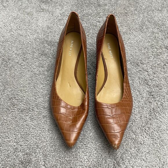 Nine West Pointed Toe Pump Heels Womens 8M Brown Crocodile Workwear Business - Picture 1 of 9